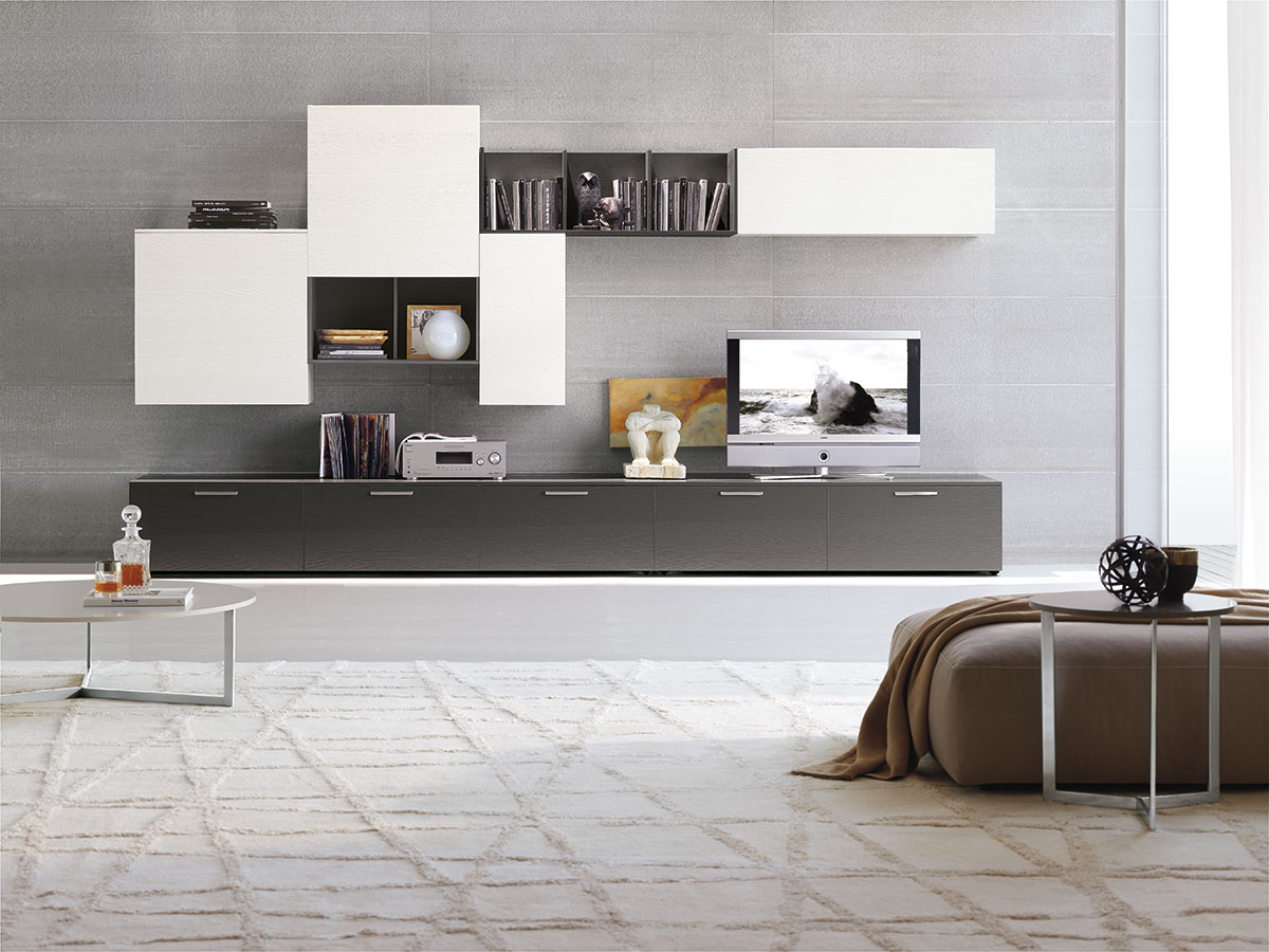 Модульная белая глянцевая гостиная мебель в сочетании с коричневыми нижними элементами - Tomasella C128.